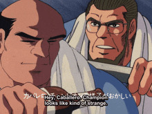 a cartoon shows a man holding a knife next to another man who says hey