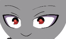 a cartoon face with red eyes and purple eyebrows