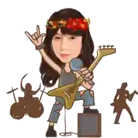 a girl with a flower crown on her head is holding a guitar and a microphone