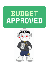 a budget approved sign with a cartoon character