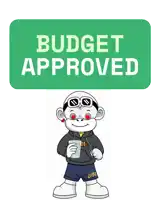 a budget approved sign with a cartoon character