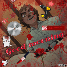 a picture of a man with blood on his face and the words " good morning " on the bottom