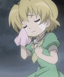 a cartoon girl is blowing her nose with a pink cloth
