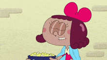 a cartoon girl is holding a bowl of popcorn in her hand .