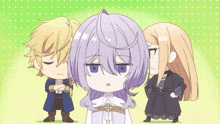 three anime characters are standing next to each other and one of them has a sad look on her face