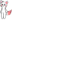 a pixel art drawing of a white cat with a red tail standing on a white background .