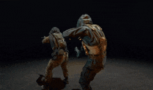 a man in a gas mask is holding another man 's hand