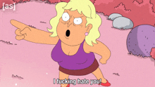 a cartoon character says i fucking hate you in a pink background