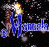 a girl is holding a microphone in front of the name manuela .