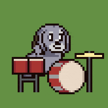a pixel art of a dog playing drums with a green background