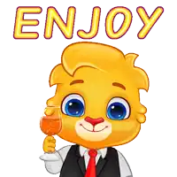 a cartoon lion in a suit and tie is holding a glass of wine with the word enjoy above him