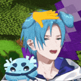 a blue haired anime character with a yellow hand on his head