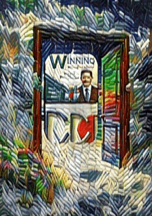a painting of a man in a suit and tie with the word winning on the bottom
