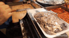 a person is cutting a piece of meat in a plastic container that says made in animatica on it