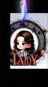 a lady lady logo with a girl in a circle with spiders on it