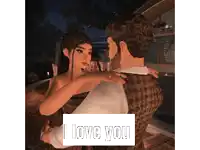 a picture of a man and a woman hugging with the words " i love you " above them