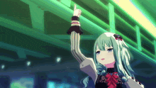 a girl with blue hair and a red bow is pointing at something