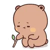 a cartoon teddy bear is holding a stick with a green leaf on it .