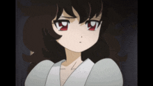 a girl with brown hair and red eyes looks angry