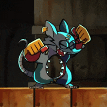 a cartoon rat wearing boxing gloves is standing on a wooden fence