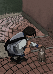 a cartoon of a girl petting a cat on a brick sidewalk