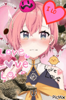 a picture of a girl with a cat and a heart that says i lo