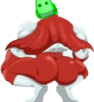 a cartoon character with a green face and red pants