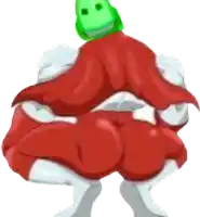 a cartoon character with a green face and red pants