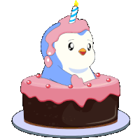 a penguin is sitting on top of a birthday cake with a candle