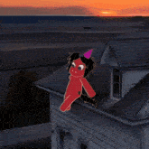 a cartoon pony is flying over a house with a sunset behind it