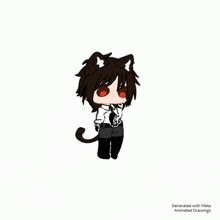 a chibi boy with cat ears and a cat tail is wearing a white shirt and black tie .