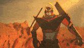 a cartoon drawing of a robot holding a sword in the desert