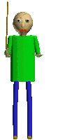 a cartoon character in a green shirt and blue pants holding a stick .