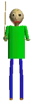 a cartoon character in a green shirt and blue pants holding a stick .