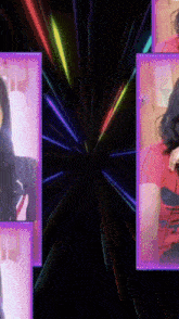 a woman in a red shirt is surrounded by purple frames on a black background
