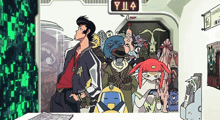 a group of cartoon characters are gathered under a sign that says yii4