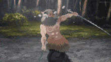a cartoon of a man with a sword and bubbles in his mouth
