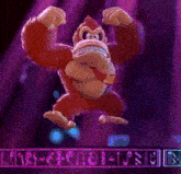 donkey kong is dancing on a stage with a purple background