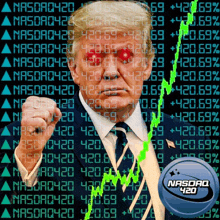a man in a suit and tie stands in front of a wall of nasdaq numbers