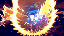 a video game character is surrounded by a glowing sphere
