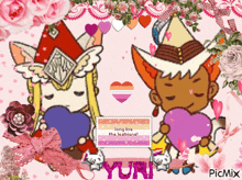 a couple of cartoon characters holding hearts and a sign that says yuri