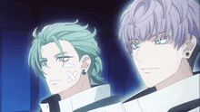 two anime characters one with green hair and one with purple hair are standing next to each other