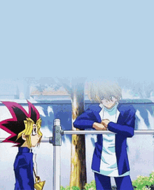 a couple of anime characters standing next to each other on a fence