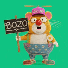a cartoon hamster wearing a pink hat that says grind is holding a sign that says bozo