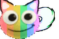 a colorful cat with big eyes and a tail
