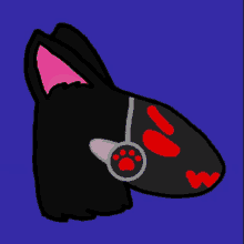 a cartoon drawing of a black dog wearing headphones on a blue background