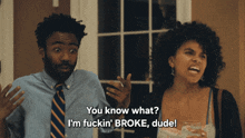 a man and a woman are standing next to each other and the man says you know what