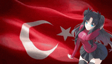 a girl with a cross on her shirt stands in front of a flag