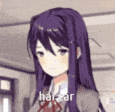 a girl with purple hair is standing in a room with the words hai car written on the bottom .