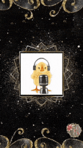 a picture of a chicken with headphones on a microphone